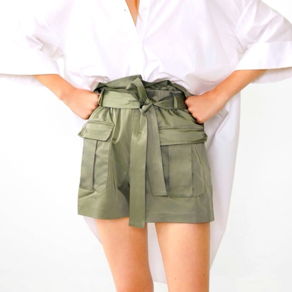 Zara Olive Green Satin Cargo Shorts